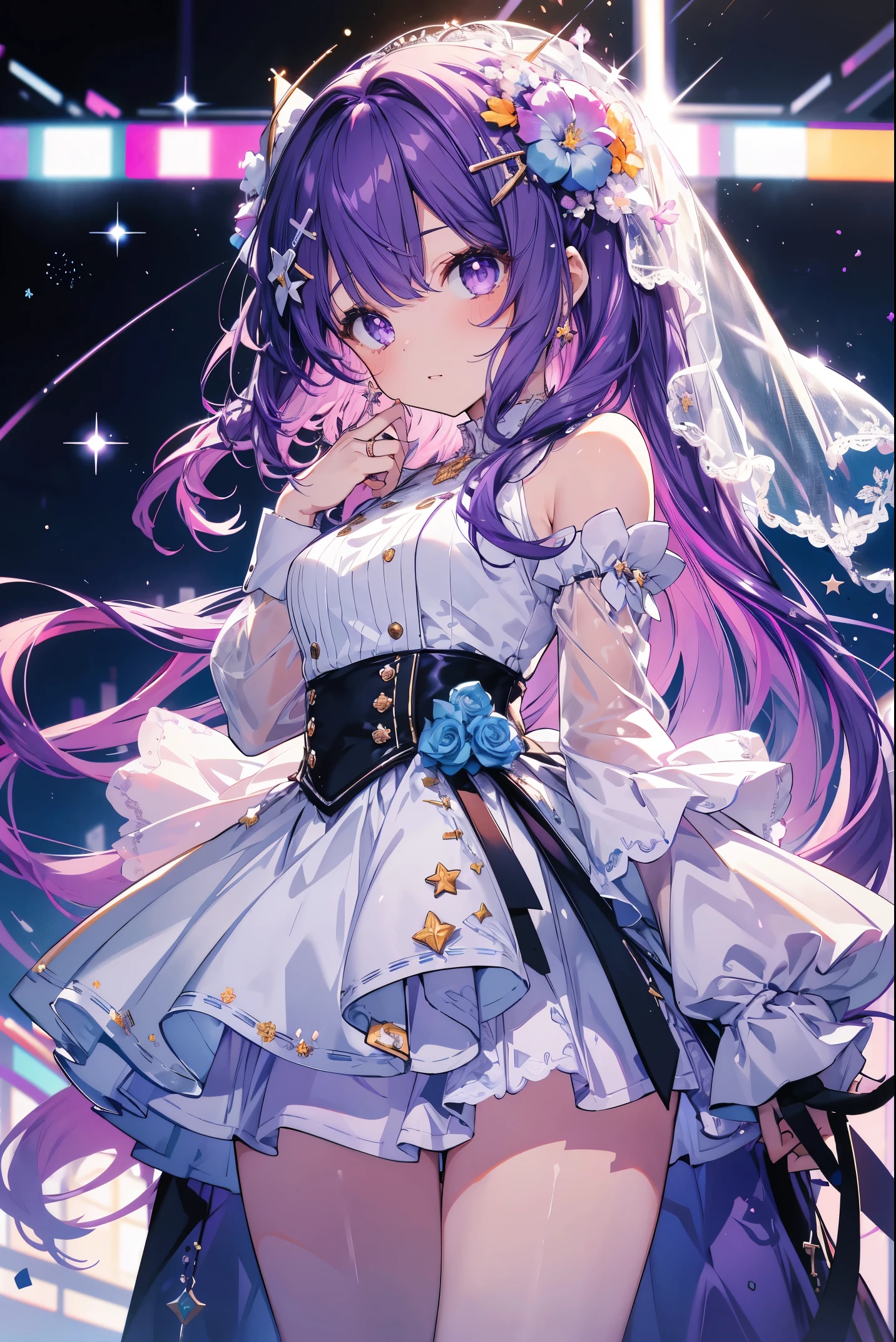 👰🏻‍♀️😆🌙🌠💐⛪, more_details:-1, more_details:0, more_details:0.5, more_details:1, more_details:1.5, Hoshino Ai, long hair, purple hair, streaked hair, purple eyes, star-shaped pupils, hair ornament