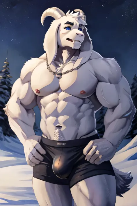 Undertale, ((Asriel Dreemurr))) with ((neck tuft)) and ((fluffy tail) and ((light navy blue eyes)), (detailed white goat x Asriel Dreemurr), (detailed lighting), ((detailed fluffy skin)), (small goat tail), uploaded to e621, [NSFW, ENORMOUS BULGE], big flo...