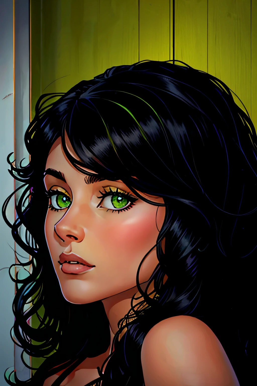 女の子1人, 長い巻き毛の黒髪, フリンジ, 緑の目, 肖像画