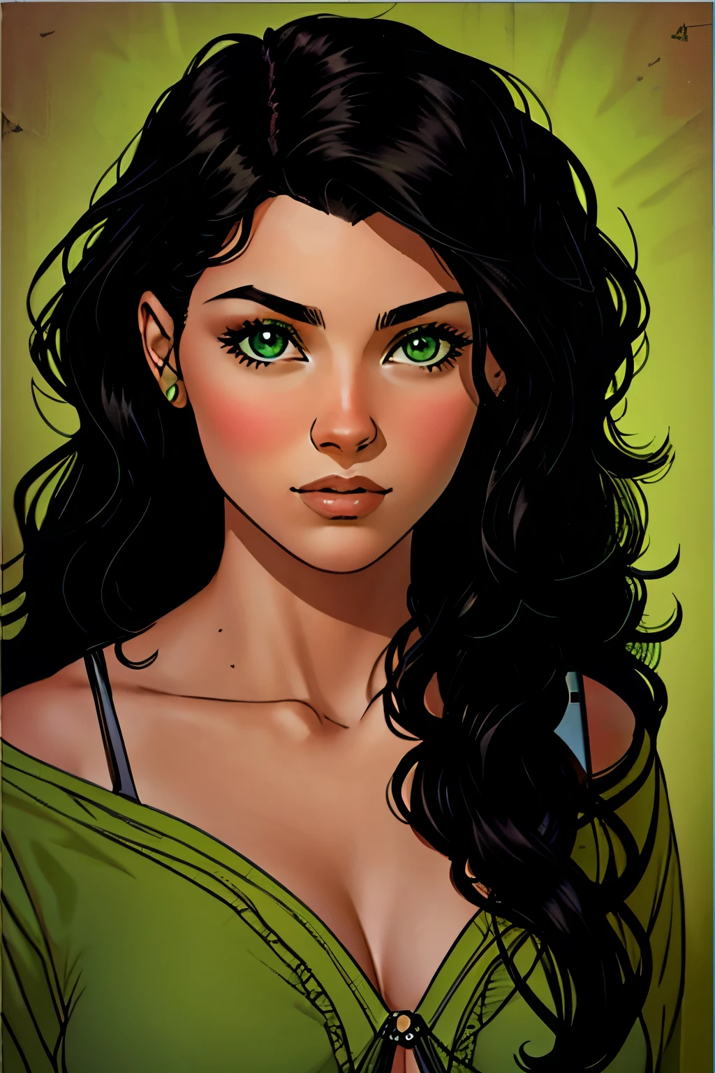 1 garota, cabelo preto longo e encaracolado, franja, olhos verdes, retrato