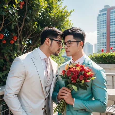 Handsome, muscular sportsman, wearing glasses, groom kissing the groom, see-through suit, wet fabric, blowing, waving, pastel colors, morning light, highly detailed pattern, seashore, splashing water, tall building top, rooftop, strong wind, red flowers, g...