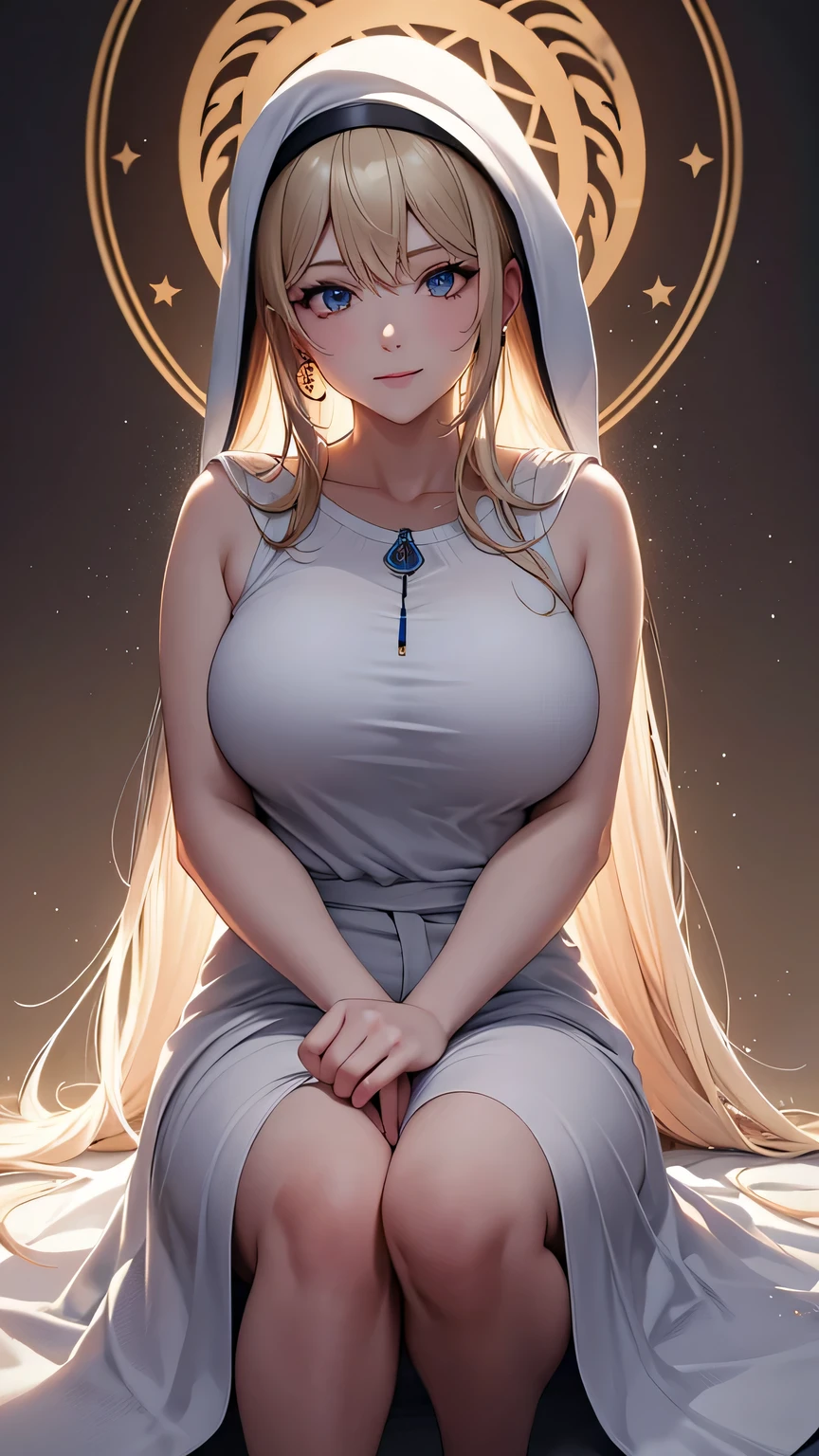 (best quality:1.5, highres, UHD, 4K, detailed lighting, shaders), gold wavy hair, gradient hair, large breasts, white shirt, white skirt jeans, mature woman , white Witcher hat, (pov), white background, colorful red eyeshadow, dramatic lighting, smile eyepression, golden earrings, flowing hair, delicate facial features, soft skin, high cheekbones, white background, stand up, lean forward, full body