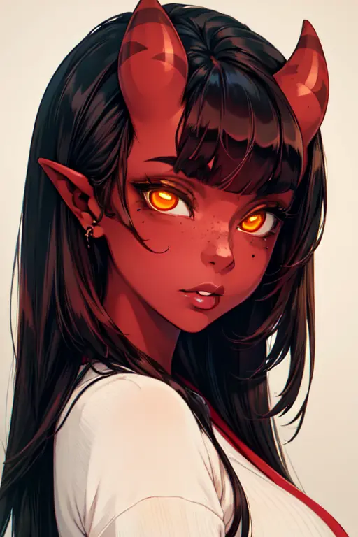 (masterpiece, best quality), 1girl, beautiful face, beautiful body,  meruccubus, red oni, colored skin, red skin, pointy ears, l...