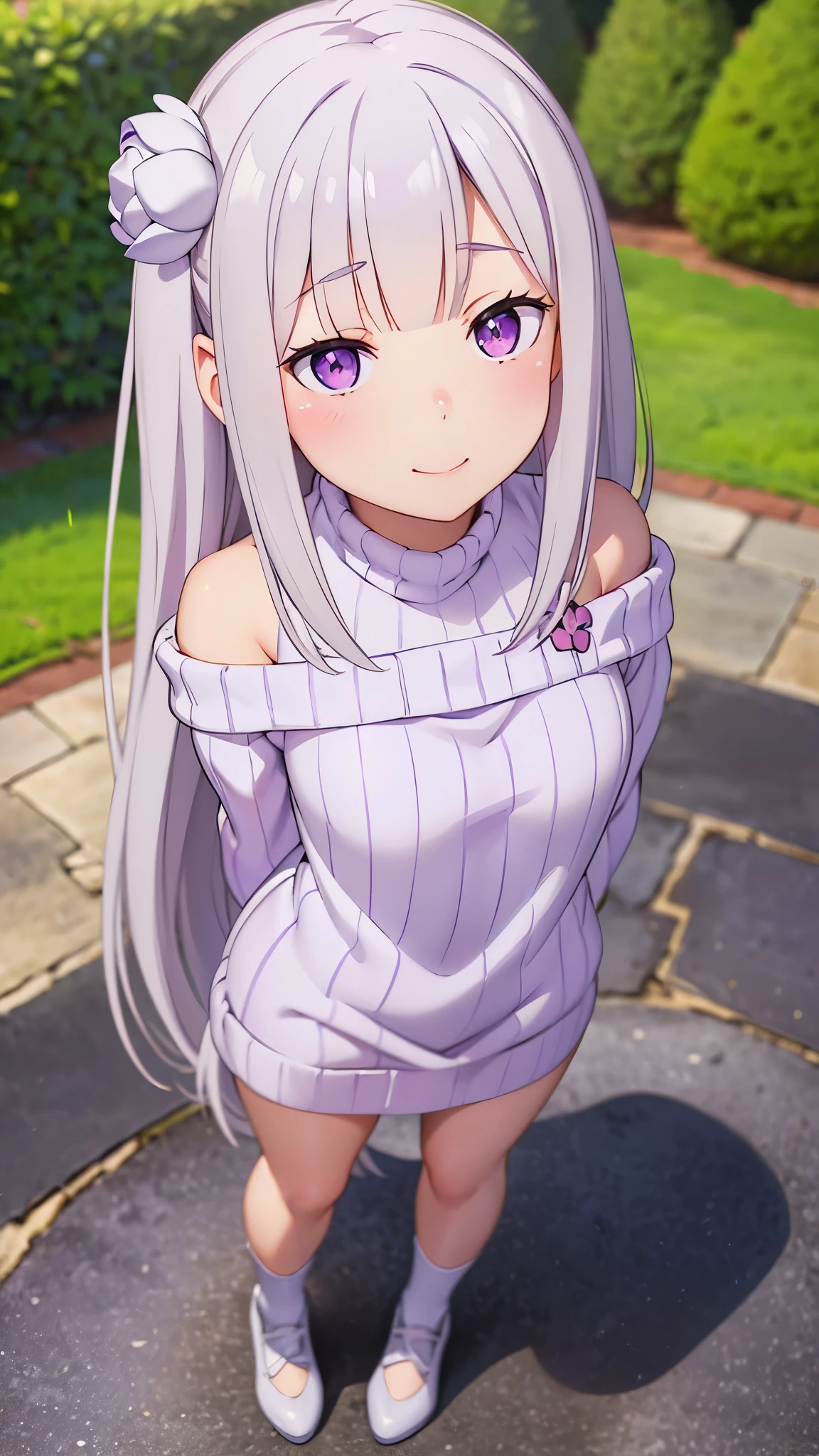 masterpiece, amazing, 8k, detailed, 1girl, ((from above)), white tights, (looking up), ((long sleeves)), ((sweater dress)), (off shoulder), ((purple sweater)), hair flower, gray hair, Emilia, ((closed eye)), purple eye, ((cute face)), detailed background, garden, (Overhead view), dynamic angle, close-up, ((whole-length)), (white shoes), (standing), ((hands behind back)), ((tilted head)), ((tousled hair)), blush, smiling