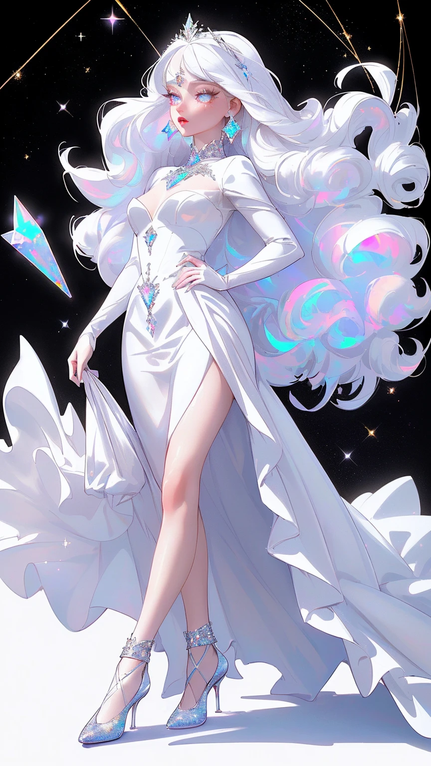 {-erro_de_anatomia:1.0} masterpiece, highest quality, (perfect face:1.1, (high detail)1.1, sweet stardust vampire , long soft white hair, opal eyes, perfectly drawn face, black dress, white background, prismatic lighting, glitter, whole body, walking feet under the stars