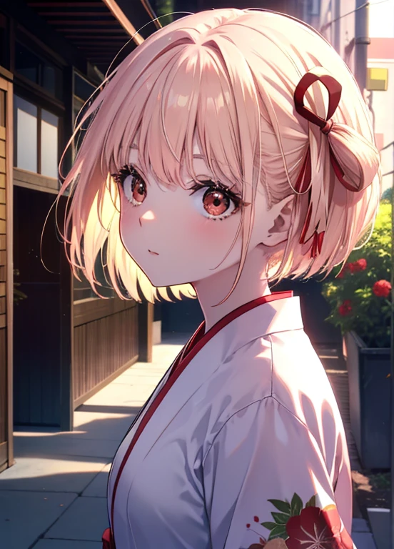 Chisato Nishikigi, Chisato Nishikigi, short hair, bangs, blonde, (red eyes:1.5), hair ribbon, one side up, bob cut,pink floral kimono,pink furisode,white foot bag,Zori sandals,outside the coffee shop,The sun begins to rise between the buildings,first sunrise,笑顔
break looking at viewer, break (masterpiece:1.2), highest quality, High resolution, unity 8k wallpaper, (illustration:0.8), (beautiful and detailed eyes:1.6), highly detailed face, perfect lighting, Very detailed CG, (perfect hands, perfect anatomy),