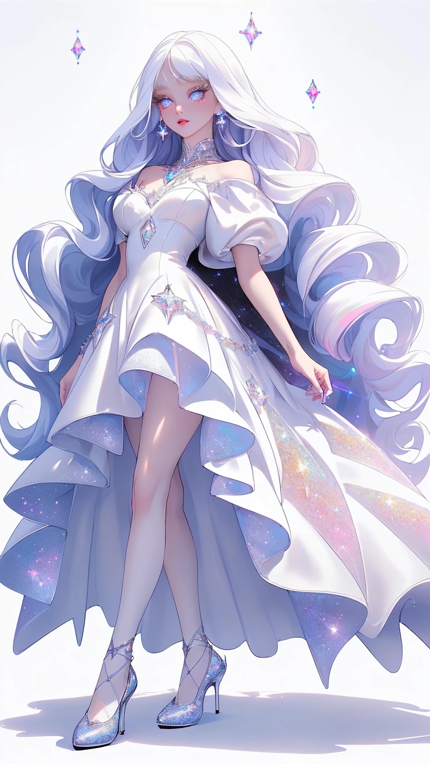 {-erro_de_anatomia:1.0} masterpiece, highest quality, (perfect face:1.1, (high detail)1.1, sweet stardust vampire , long soft white hair, opal eyes, perfectly drawn face, black dress, white background, prismatic lighting, glitter, whole body, walking feet under the stars