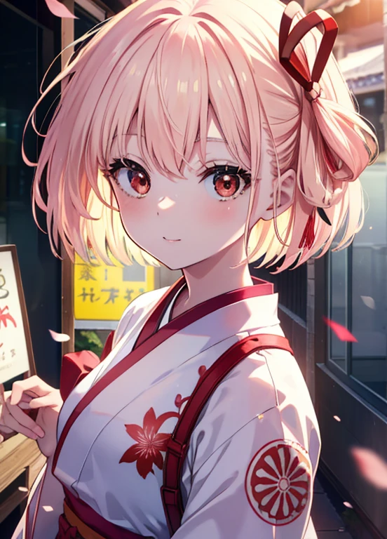 chisato nishikigi, chisato nishikigi, short hair, bangs, bionde, (red eyes:1.5), hair ribbon, one side up, bob cut,pink floral kimono,pink furisode,white foot bag,Zori sandal,outside the coffee shop,The sun begins to rise between the buildings,first sunrise,smile,全身
BREAK looking at viewer, BREAK (masterpiece:1.2), highest quality, High resolution, unity 8k wallpaper, (illustration:0.8), (beautiful and detailed eyes:1.6), highly detailed face, perfect lighting, Very detailed CG, (perfect hands, perfect anatomy),