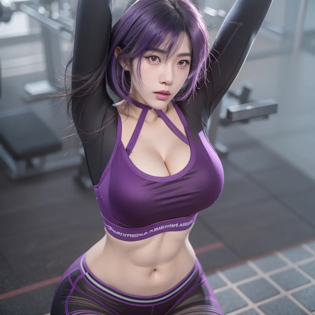 realistic korean gorgeous girl with purple hair and black top workout in gym, seductive girl, thicc, motoko kusanagi, working ou...