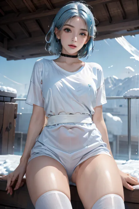 high quality,8K quality,High resolution,(masutepiece:1.3),23 year old woman, (white t-shirt,High leg wedgie panties,a choker),(short hair:1.2,wet light blue hair:1.3),(Bold pose with legs spread,dynamic pose:1.4),(Soak in a warm hot spring，vaporと静けさに囲まれて，F...