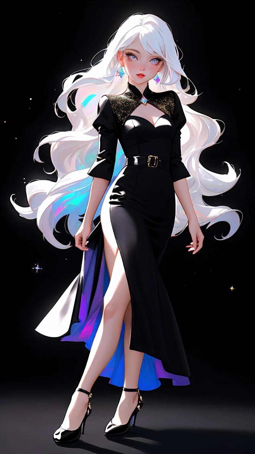 {-erro_de_anatomia:1.0} masterpiece, highest quality, (perfect face:1.1, (high detail)1.1, sweet stardust vampire , long soft white hair, opal eyes, perfectly drawn face, black dress, white background, prismatic lighting, glitter, whole body, walking feet under the stars