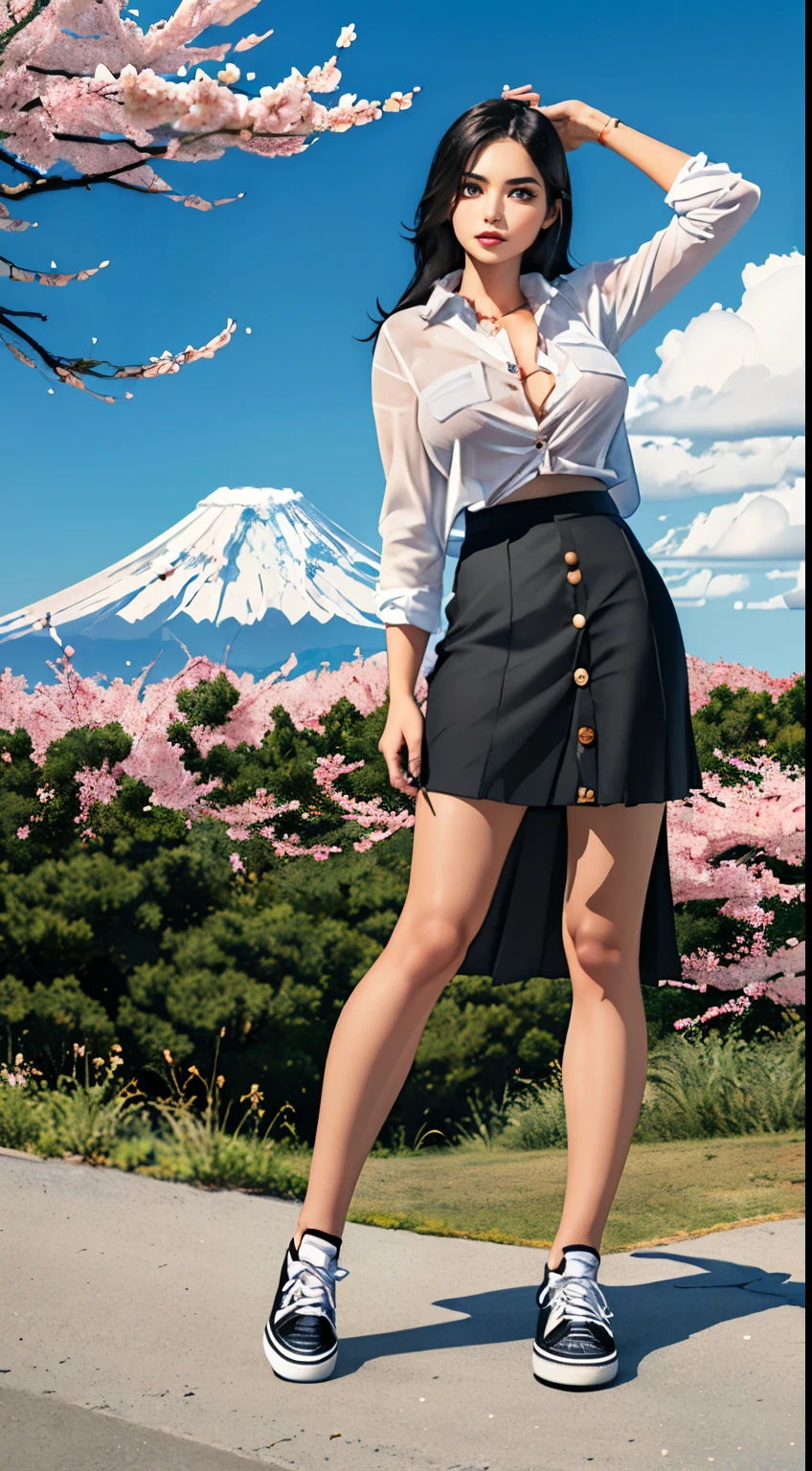 ((Beautiful 35_year_old japanese_woman):1.5) ((pale_skin and long_glossy_black_hair):1.5), ((standing_straight):1), ((japanese_woodlands):1), ((sagging_breasts):1.8), ((breasts_apart):1.5), ((wearing loose_long_skirt and white_button_up_shirt and black_shoes):2), ((full_body_photo):2), (smooth_skin), (perfect_fingers), ((better_eyes):1.5), ((bright_sunlight):1), ((perfect_face):2), ((beautiful_face):1.8), ((feminine_face):1.8), ((grassy_plain and cumulus_clouds):1), ((mount_fuji in distance and sakura_tree_blossoms):1.2), ((perfect_body):2), (perfect_hands), ((best_quality):1.5), (perfect_fabric):1.2), ((Masterpiece):1.5), ((Hyper_Realism):1.4), ((perfect_pose):1.3)