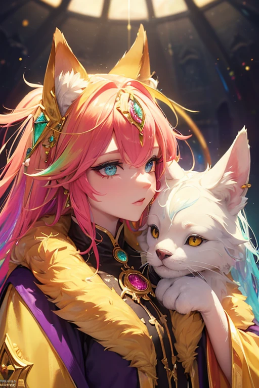 (fantasy sister, robe with gold decoration)(colorful stained glass, volumetric lighting backlighting good lighting, colorful refraction)depth of field(highly detailed beautiful face and eyes)perfect anatomy(furry beastman)(fur covered body animal facial features animal body features)(animal muzzle highly detailed fur)