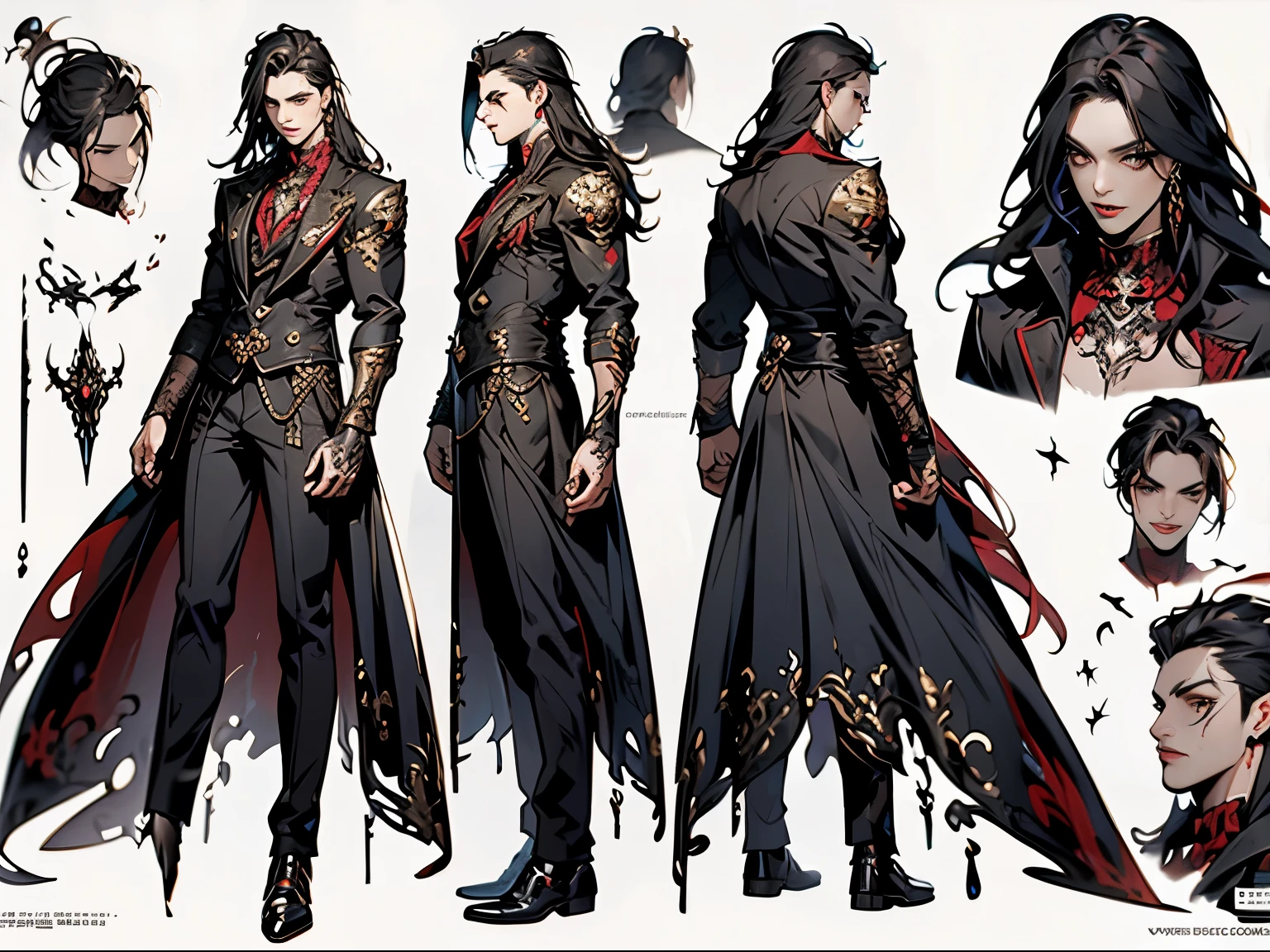 Reference sheet 3 elements, full body, front and side view, vampire man, goth sexy style, long hair, tattoos