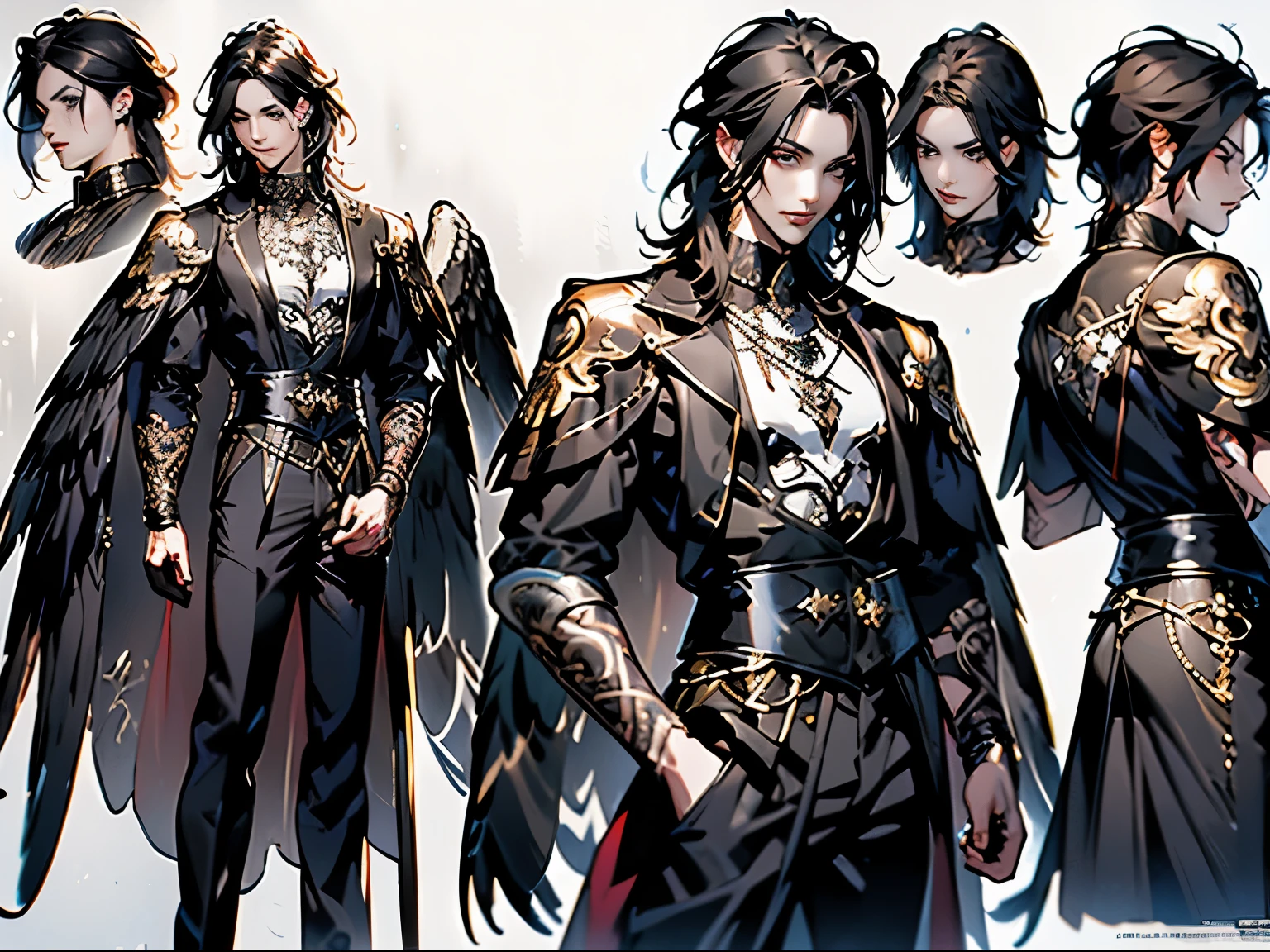 Character sheet, full body, front and side view, handsome angel man, black hair, gothic clothing, perfect face, 2 big white wings, tattoos on arms