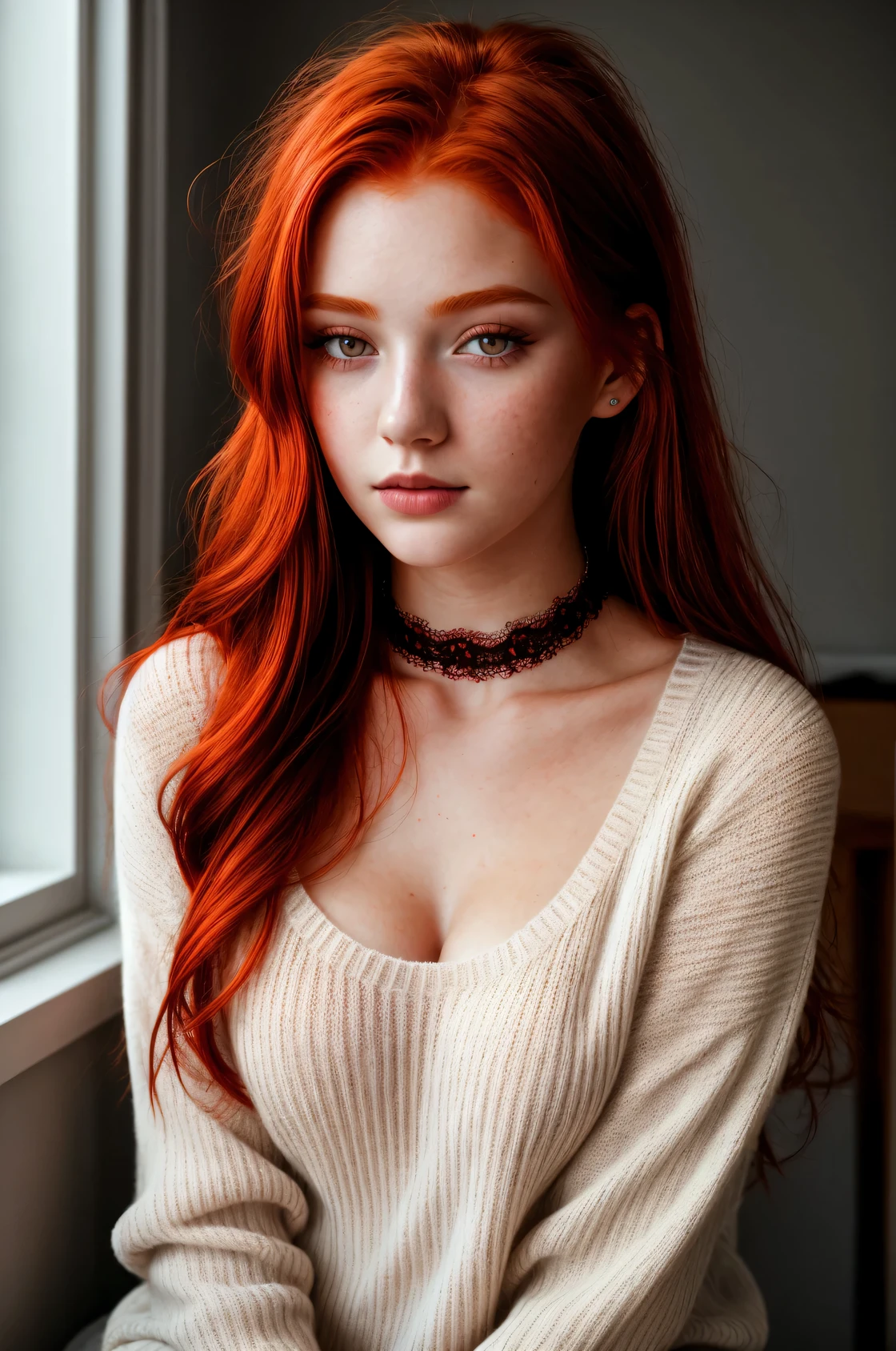 photo brute, (Fille rousse de 18 ans:1.2), se maquiller, rouge, collier de dentelle de cou, texture de peau réaliste, pull en tricot surdimensionné, les yeux rouges, softcore, éclairage chaleureux, ambiance chaleureuse, style instagram