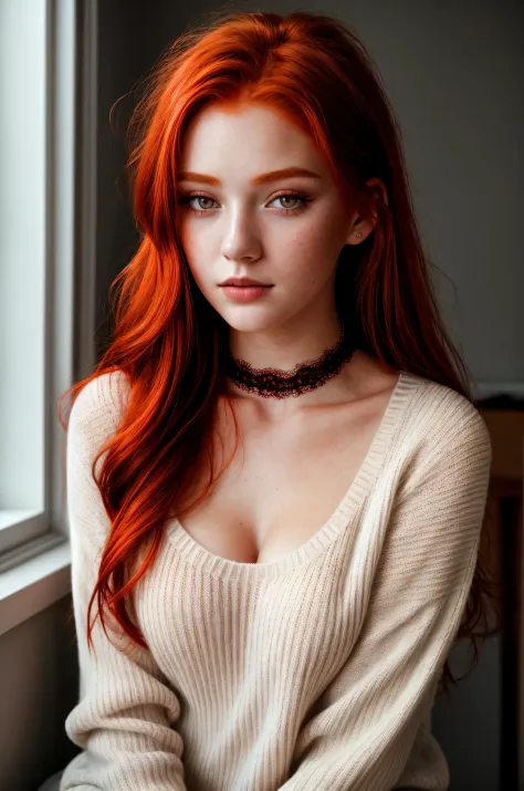 raw photo, (18yo redhead girl:1.2), makeup, rouge, neck lace choker, realistic skin texture, oversize knit jumper, red eyes, sof...