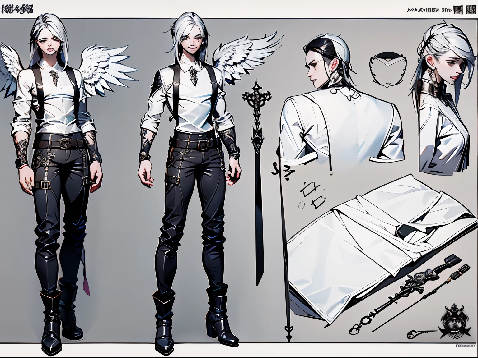 Reference sheet 3 elements, full body, front and side view, handsome angel man, 18 years old, 2 white wings, bare chest, leather pants, gothic boots, tattoos, gothic make up, long white hair