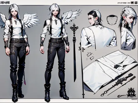 Reference sheet 3 elements, full body, front and side view, handsome angel man, 18 years old, 2 white wings, bare chest, leather...