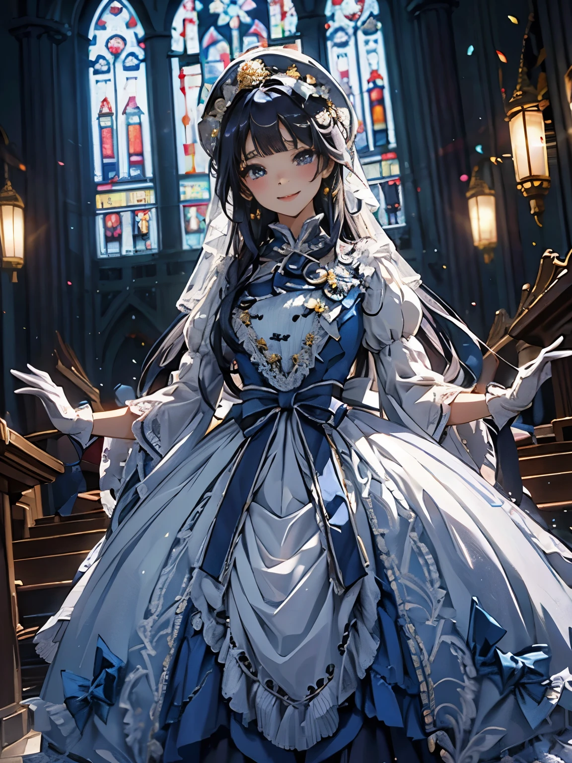 In front of the altar of a majestic church、（blurry background）、bright light、golden long hair girl、Classic White Wedding Dresses、（elegant luster）、（Lots of races）、lots of ribbons、((voluminous puff sleeves))、long cuffs with many buttons、golden embroidery、long train、white embroidered gloves、5 fingers、A smile、Redness of the cheeks