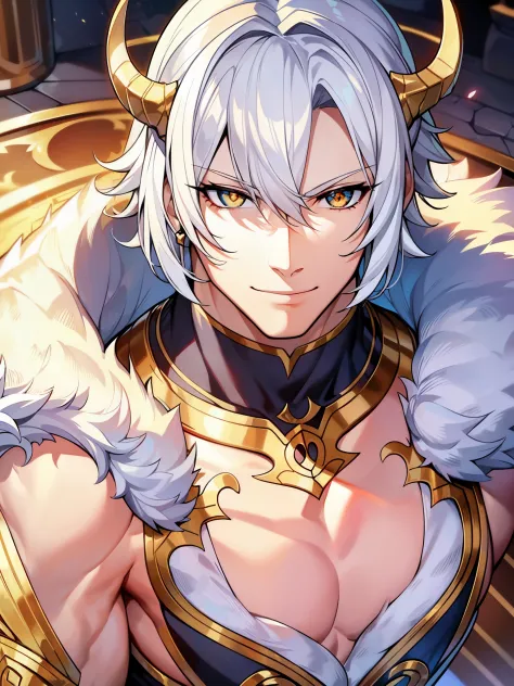 ((white hair)), ((white dragon scales)), ((light golden eyes)), ((muscular body)), ((holy half-dragon)), ((dragon horns)), ((cheerful expression)), ((smile)), ((fair skin)), ((white and gold holy paladin armor)) ((mature male)), 1boy, beautifully drawn, hi...