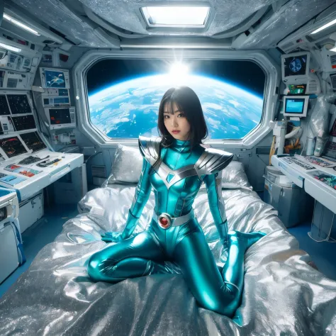 An arafe woman wearing a super uniform sitting on a bed on a space station, powerful woman sitting in space, in galaxy japan, In...