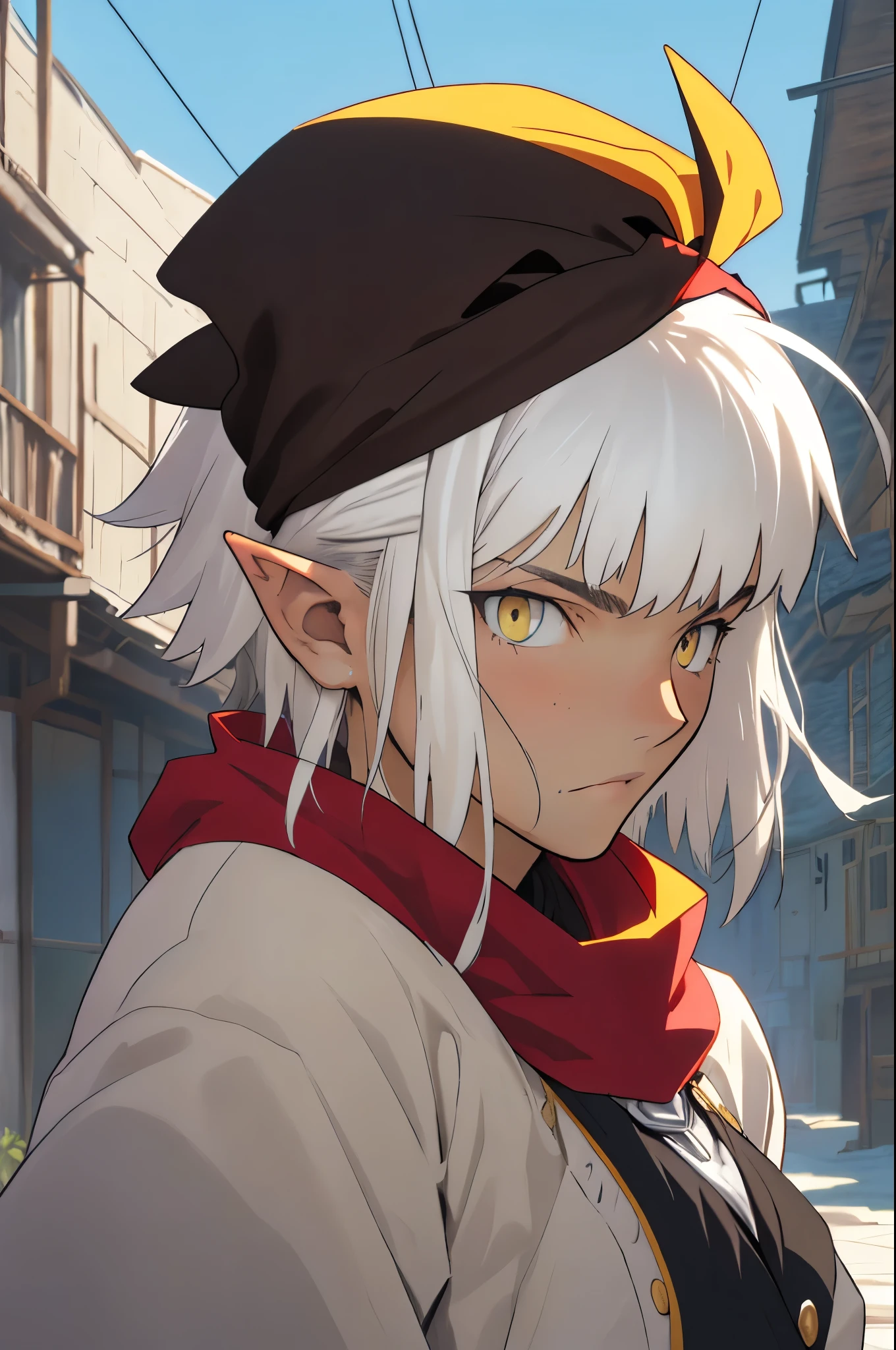 portrait, (female face) beautiful face, ((buccaneer)), (yellow bandana in his head), 1800s vibe, XVIII century, ((white hair)), action girl hairstyle, short hair, bangs covering one side of the face, (emo large bangs 1:1), pointy ears, (dark circles in eyes), yellow eyes, grey coat with brown details, 1800's city in the background, atmospheric perspective, 8k, super detail, best quality, high details, look at viewer