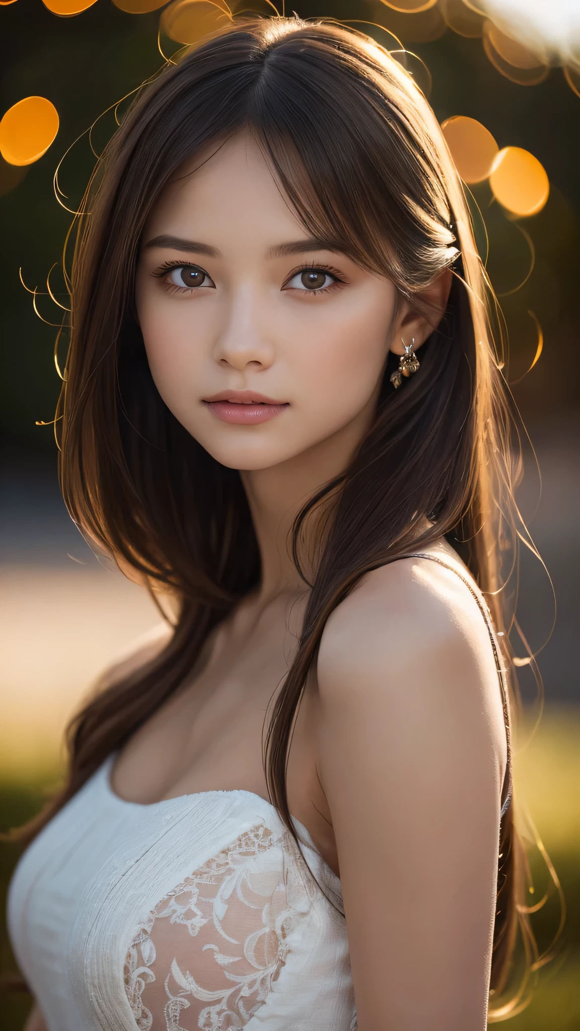 (High resolution, 4k, 8K, Super detailed:1.2), (surreal, realistic:1.37), (show), (detailed lighting), (very delicate and beautiful), one young girl, brown hair, brown eyes, model, bare shoulders and chest, (highest quality), Super detailed CG wallpaper in 8K, Bright colors, professional grade, ((Bokeh effect))), Depth of the bounds written, twilight, sunset.