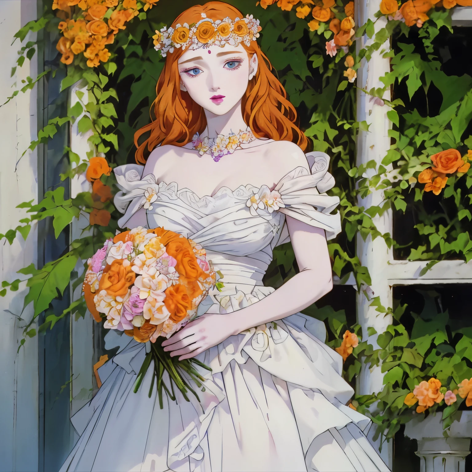 best quality,ultra-detailed,realistic,portrait,girl with orange hair,pale skin,beautiful detailed face,beautiful detailed eyes,beautiful detailed lips,long eyelashes,pale white dress,flower crown,holding a bouquet of flowers,standing in a blooming garden,vivid colors,soft lighting