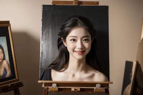 Woman painting self-portrait on canvas in studio,Easel,antique,A smile,,Sweet and seductive appearance.、Caravaggio's paintings、Chiaroscuro of Caravaggio,,Cute smile, Expression of ecstasy,erotick,A sexy,Seduce you,female painter and nude woman