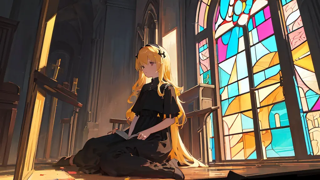 (1 girl, blonde hair, black sundress, kawaii), (abandoned church, stained glass), (low contrast, flat color, limited palette)