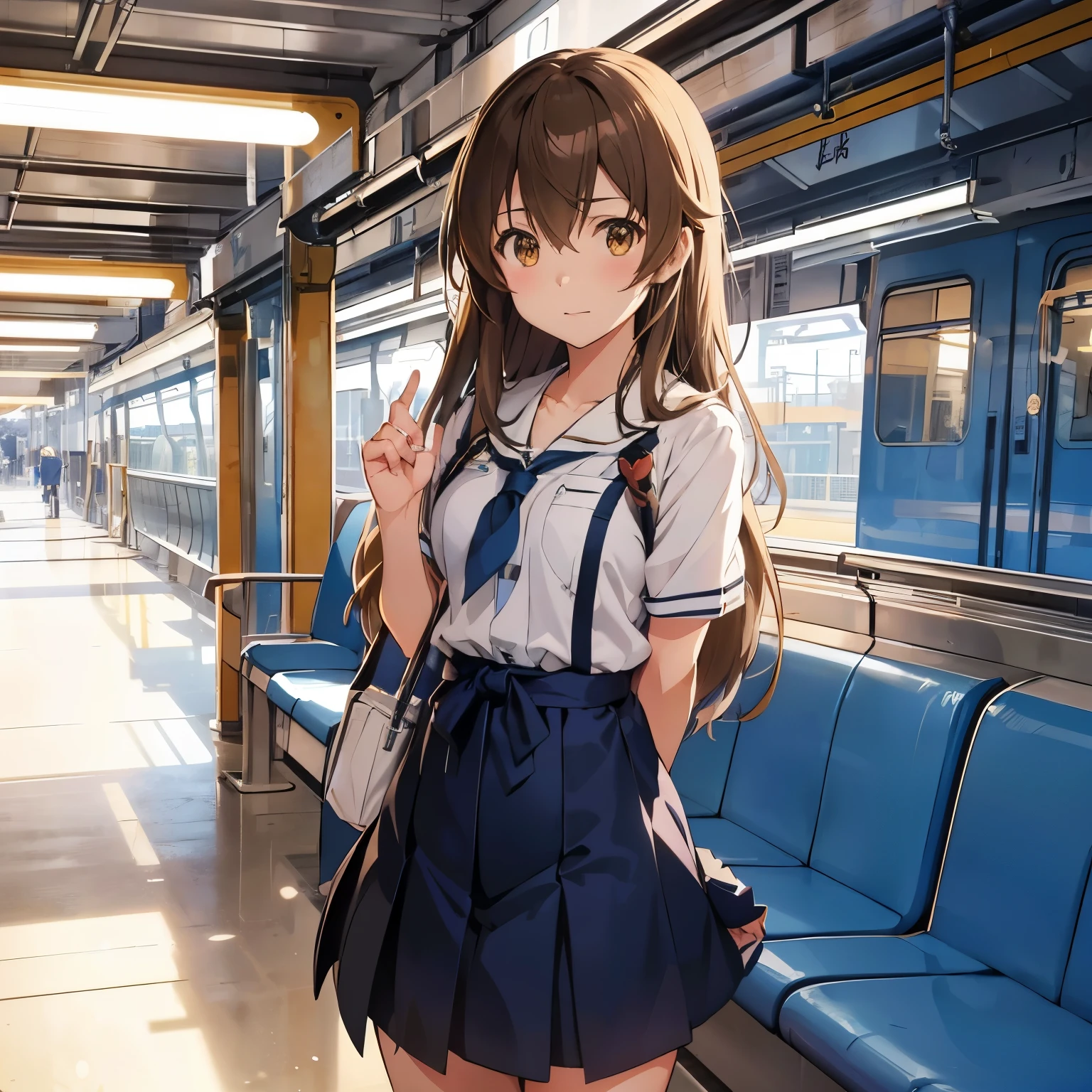 Anime girl in uniform standing in a train station with a backpack - SeaArt  AI