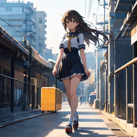 anime girl with long hair walking on a train platform, kantai collection style, railgun, konpeki no kantai, kantai collection ar...