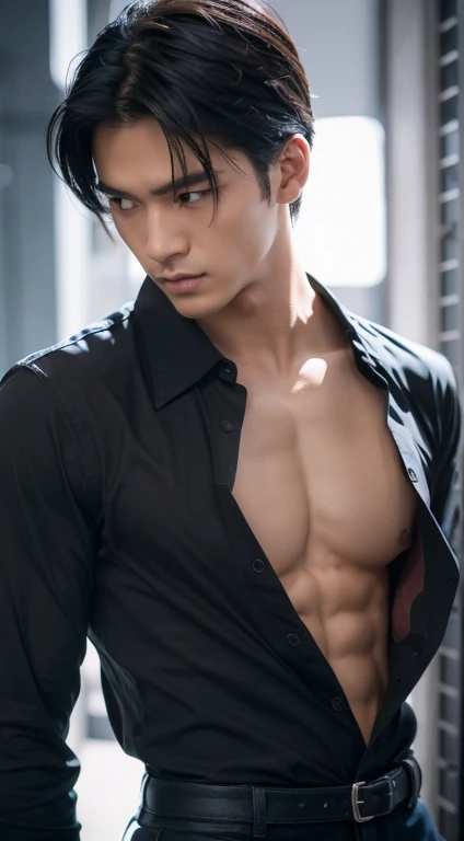 Indonesian man, elegante, pelo negro, Piel limpia, Camisa blanca, caliente, cuerpo atlético, muy detallado, Realista, lente de 70 mm.