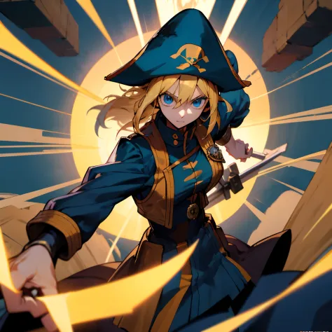 Produce an illustration of a daring buccaneering pirate of approximately 35 years old in anime style. She sports flowing blonde ...
