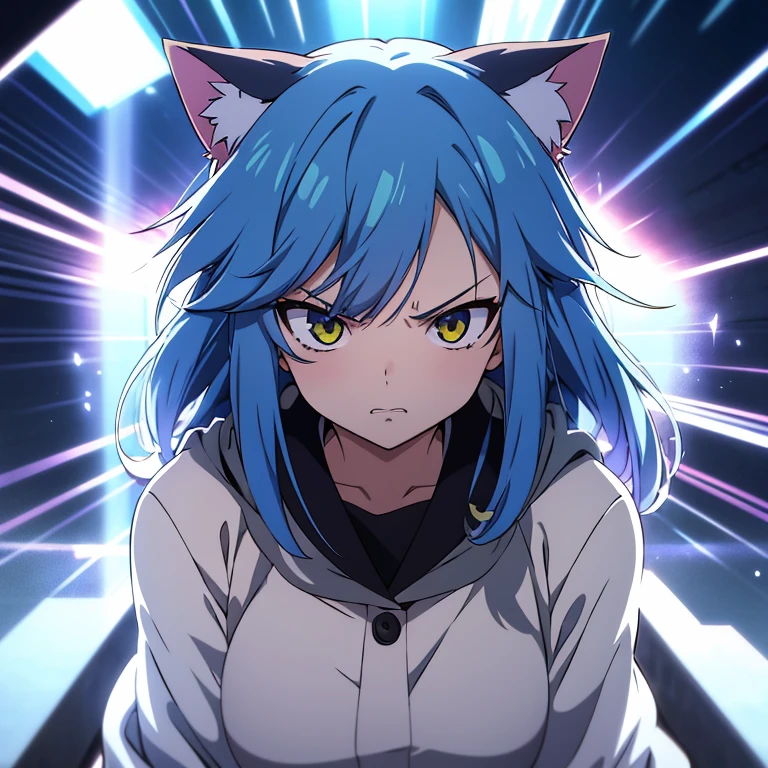 Angry anime cat girl with colored hair, anime, anime style, cinematic lighting, depth of field, god rays, drop shadow, Fujicolor, first-person view, pov, Wide-Angle, anime style, Surrealism, UHD, retina, masterpiece, ccurate, textured skin, high details, highres, 16k