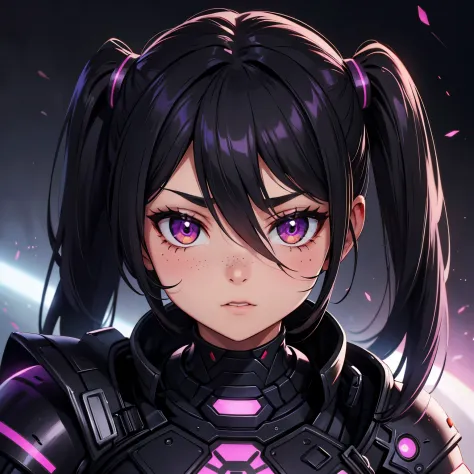 una mujer con cabello negro ondulado y ojos morados, black alien armor, pecas, rubor, sombra, cara linda