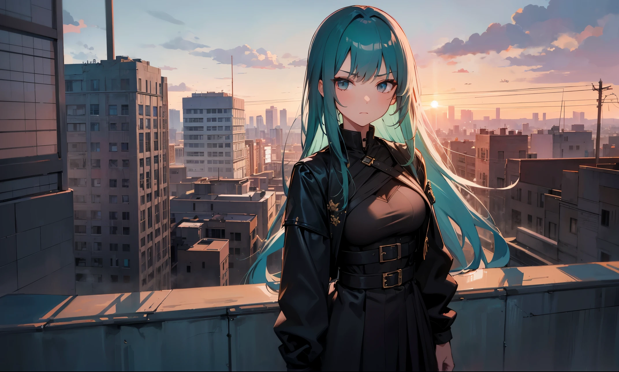 masterpiece, best quality, high quality, highly detailed, beautiful, intricate details, 1girl, solo, serious, (angry:0.7), aqua hair, long hair, burgundy eyes, breasts, black jacket, BREAK outdoors, cityscape, post-apocalypse, destruction, building, sunset, cloudy sky, BREAK (sepia background:0.7), (depth of field:0.8), film grain,