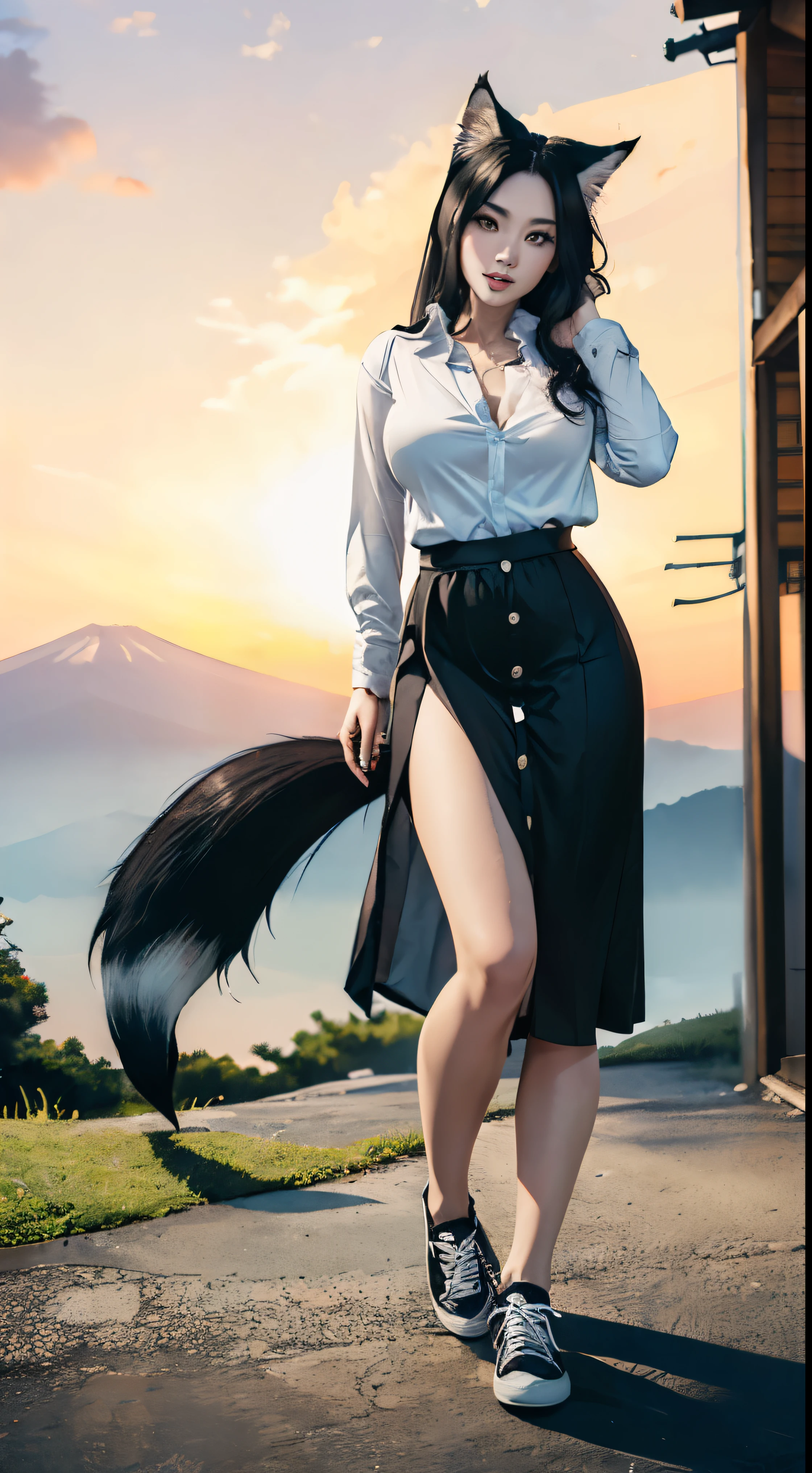 ((Beautiful 35_year_old japanese_yokai_woman with pale skin):1.5), ((long_black_hair and black_yokai_fox_ears and yokai_fox_tail):2), ((japanese_woodlands):1), ((sagging_breasts):1.8), ((breasts_apart):1.5), ((wearing loose_long_skirt and white_button_up_shirt and black_shoes):2), ((full_body_photo):2), (smooth_skin), (perfect_fingers), ((better_eyes):1.2), ((bright_sunlight):1), ((perfect_face):2), ((beautiful_face):1.8), ((feminine_face):1.8), ((grassy_plain and cumulus_clouds):1), ((mount_fuji in distance and sakura_tree_blossoms):1.3), ((perfect_body):2), (perfect_hands), ((best_quality):1.6), (perfect_fabric):1.2), ((Masterpiece):1.6), ((Hyper_Realism):1.4), ((perfect_pose):1.2)