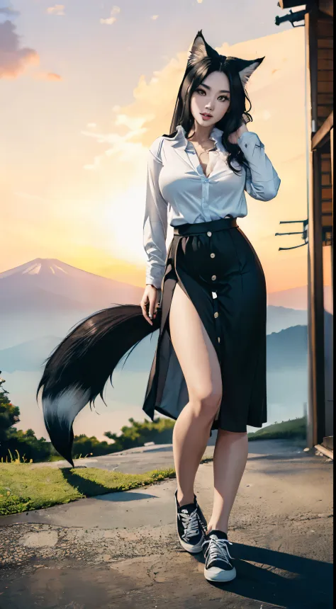 ((Beautiful 35_year_old japanese_yokai_woman with pale skin):1.5), ((long_black_hair and black_yokai_fox_ears and yokai_fox_tail...