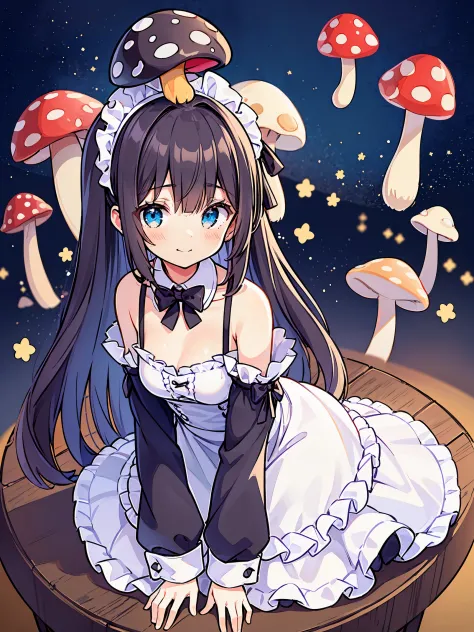 1girl, maid outfit, slightly smile, look at viewer, frilled skirt , full body, (mushroom on head:1.3)