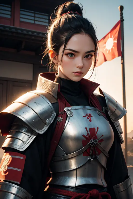 Extreme details, perfect face, medium breasts, black hair in a bun, white armor, samurai armor, heroic posture, samurai flags, r...