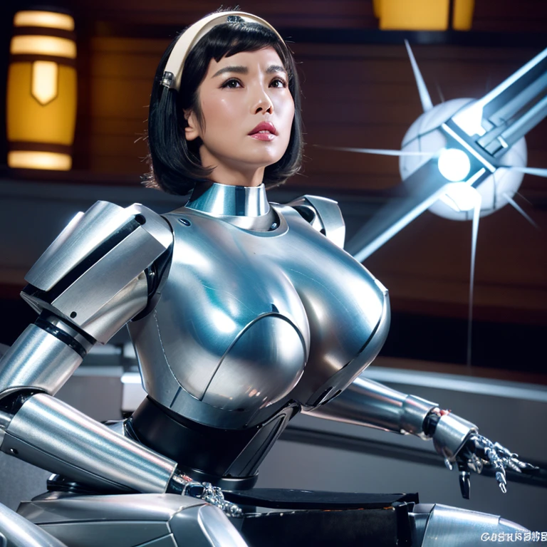 A Japanese woman in her 50s who has been modified into a robot, a silver metallic robot body with a retro design, black hair, very large breasts, a glamorous body line, mechanical ears, expressionless, a dividing line on her face, and the word "Robot" on her body. A robot-like pose with a stamp of .