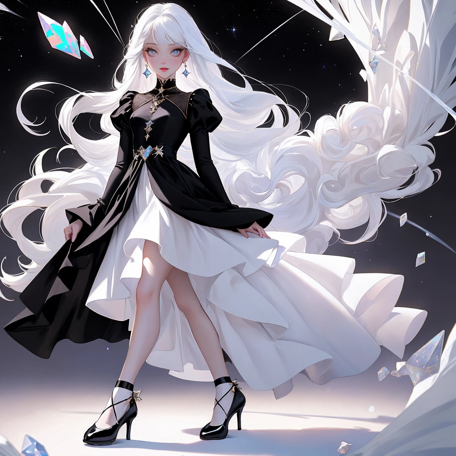 {-erro_de_anatomia:1.0} masterpiece, highest quality, (perfect face:1.1, (high detail)1.1, sweet stardust vampire , long soft white hair, opal eyes, perfectly drawn face, black dress, white background, prismatic lighting, glitter, whole body, walking feet under the stars
