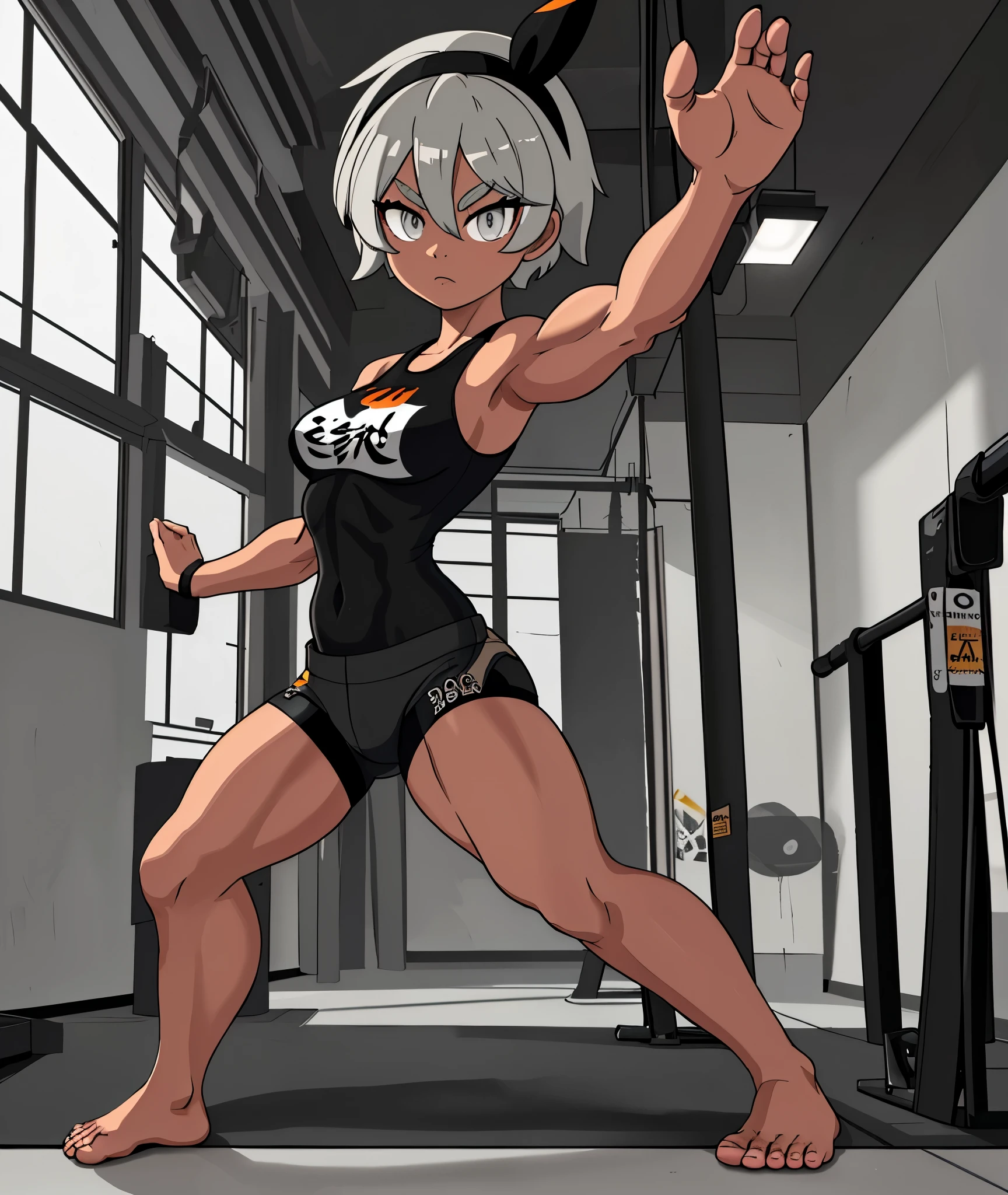 [bea], [pokemon], [uploaded to e621.net; (napalm_express)], ((masterpiece)), ((HD)), ((high res)), ((solo portrait)), ((full body)), ((front view)), ((feet visible)), ((detailed shading)), ((beautiful render art)), ((intricate details)), {anime girl; (dark-toned skin), (cute grey eyes), (short eyelashes), short white hair, (curvy hips), (defined muscles), (beautiful muscular legs), (beautiful feet), (expressionless)}, {(black yoga bodysuit), (spandex yoga shorts), (black hairband)}, {(dynamic pose), (fighting stance), (looking at viewer)}, [background; (gym), (gym equipment), (ceiling lights), (ambient lighting)]