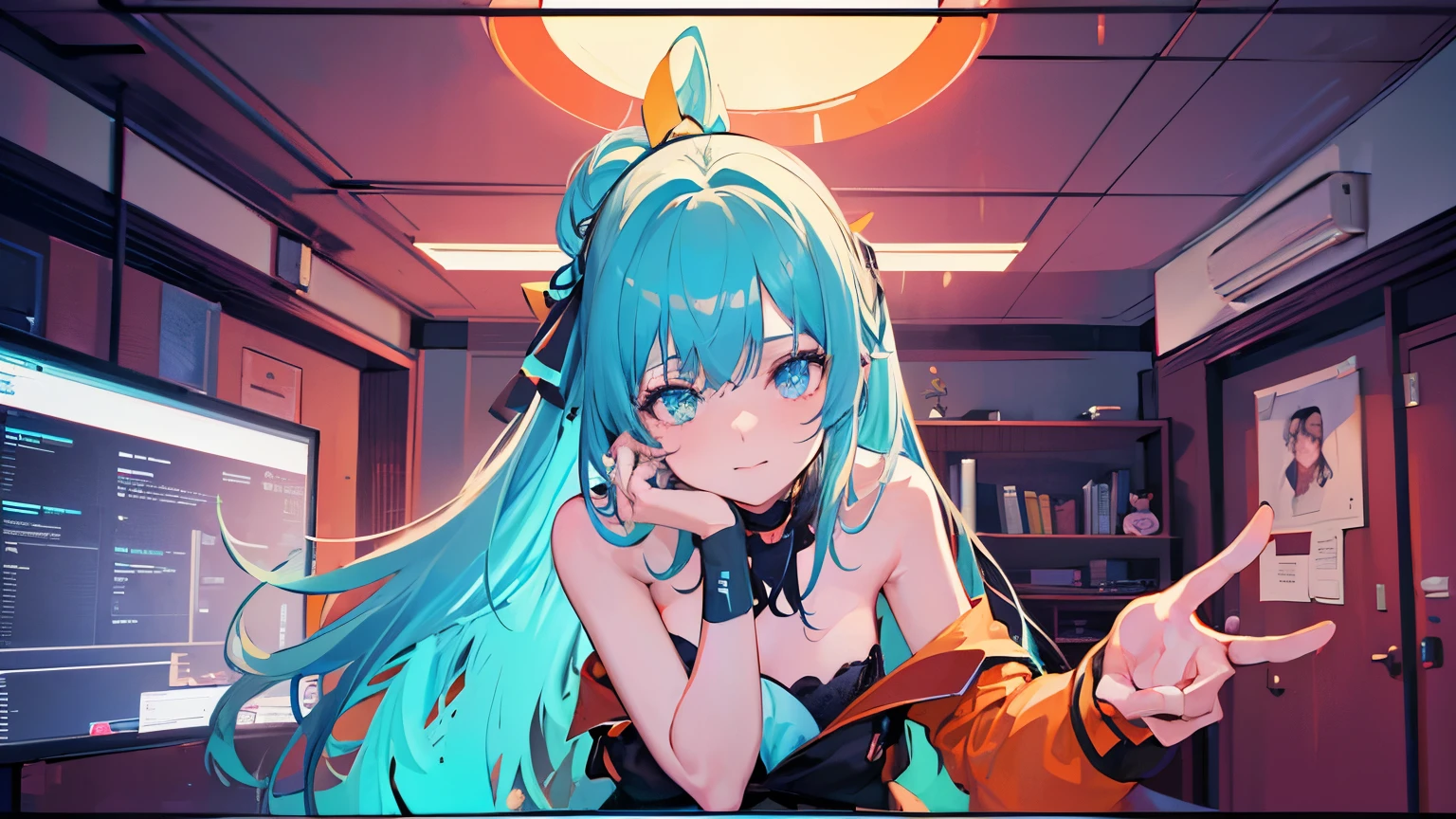 1girl, happy girl, studying in her room, no hands and arms down no arms, hides her hands (masterpiece, best quality 4k, relaxed pose: 1.4)(relaxed sitting) (no hands) cowboy photo, (orange theme and cyan, neon lights: 1.2), (desktop theme, room: 1.4), perspective, depth of field, thighs, thin arms, thin waist, face light, clear lighting, film grain, chromatic aberration, HDR, sharp focus , high resolution, photography, realistic, maximum detail, extreme detail, ultra detailed, fine details, detailed face, detailed eyes, sharp pupils, pupils