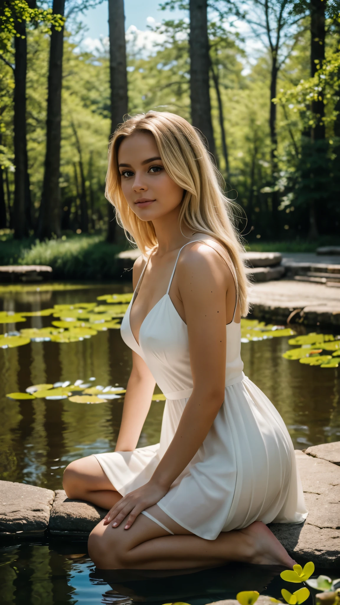Close-up shot, a beautiful blonde woman kneeling and staring into a pond of azure water, outside, idyllic setting, sunlight filtered through the trees, wearing a diaphanous dress, beautifully lit, dramatic composition, epic scale, sense of awe, ultra-high res. photorealistic:.1.4, (high detailed skin:1.2), 8k uhd, dslr, high quality, film grain, Fujifilm XT3