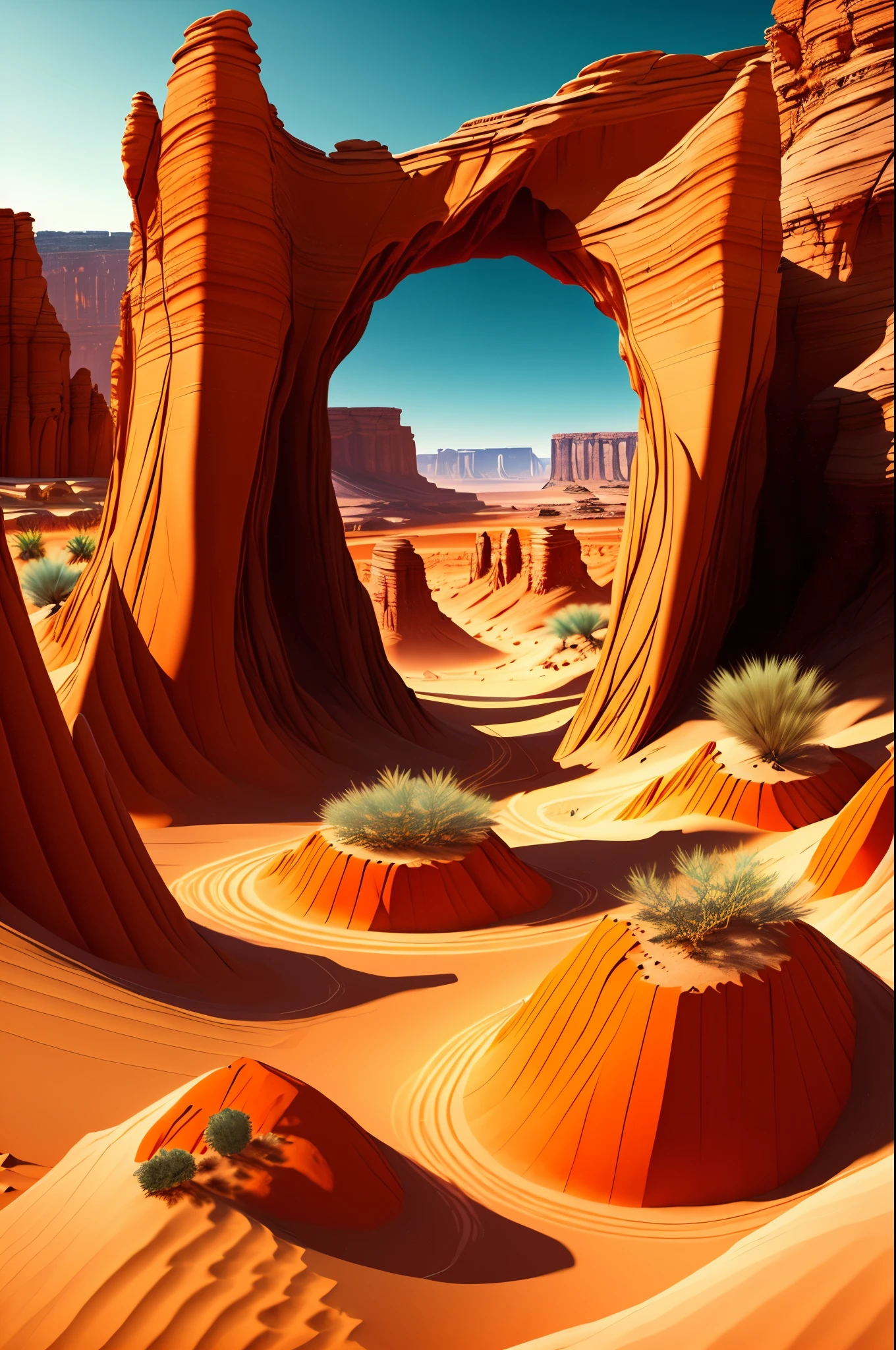 best quality,4k,highres,ultra-detailed,realistic,landscape,desert canyon,sandy terrain,sharp rock formations,dry and arid atmosphere,beaming sunlight,deep and narrow crevices,cacti and desert plants,scattered tumbleweeds,distant mountain range,vivid colors,orange and red color palette,warm sunlight casting long shadows,subtle wind blowing sand particles,hazy and distant horizon,line of sight stretching for miles,uninhabited and serene,majestic and awe-inspiring.