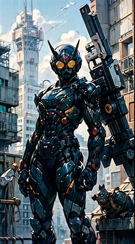 A super a high-tech biotech battle suit, standing on a rooftop, looking over the city, Japanese tokusatsu and American comic style, biometallic texture of the suit, sleek and shiny, dynamic, fast, natural light, cinematic, high quality, high resolution, hi...