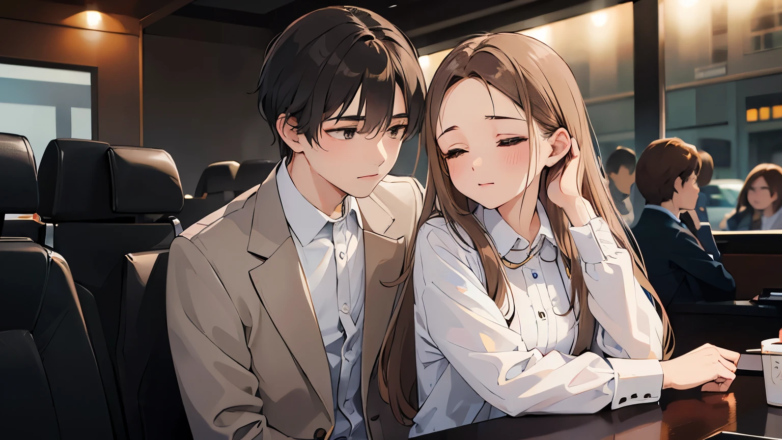 (Leaning on people:1.5), masterpiece、highest quality、 (night:1.5), forehead, A 2 woman with light chestnut medium-long hair and brown eyes.、front open shirt, Wearing a white blouse、blush, Closed eyes, sitting、The background is inside a taxi、Taxi seats、bold composition、Upper body is shown、short brown haired green eyed man、wearing a gray suit